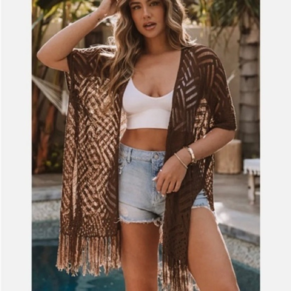 Women's Brown Loose Knitwear Kimono cardigan With Slits one size fits most